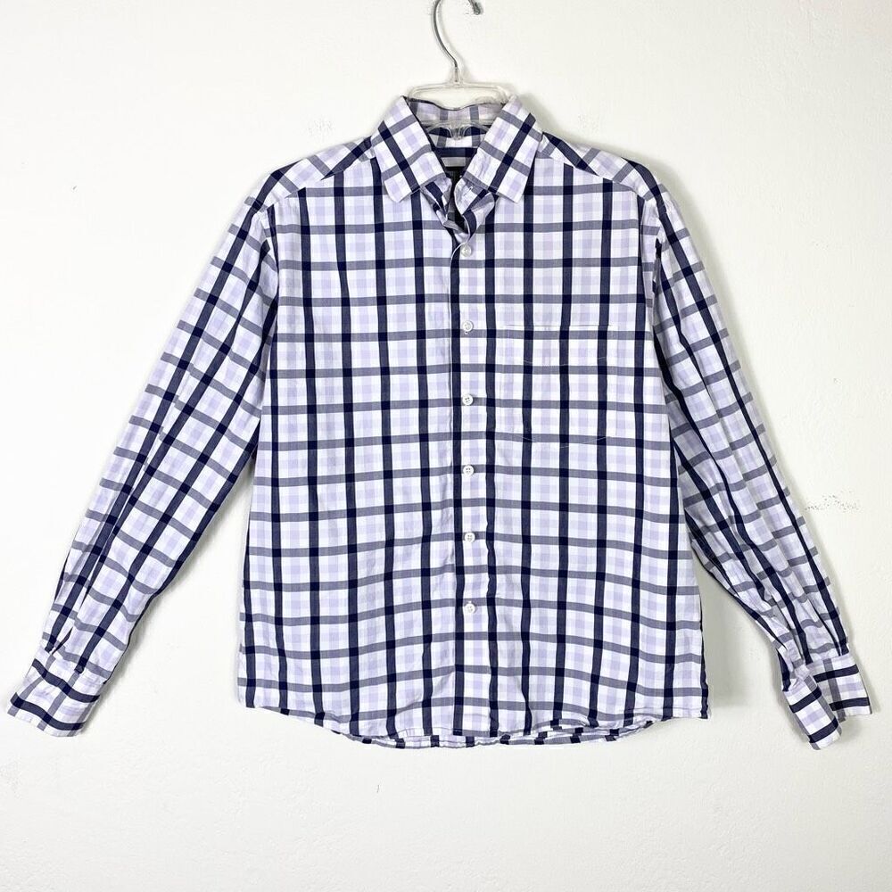 Iris Men’s White & Purple Plaid Long Sleeve Button Up Dress Shirt Size M